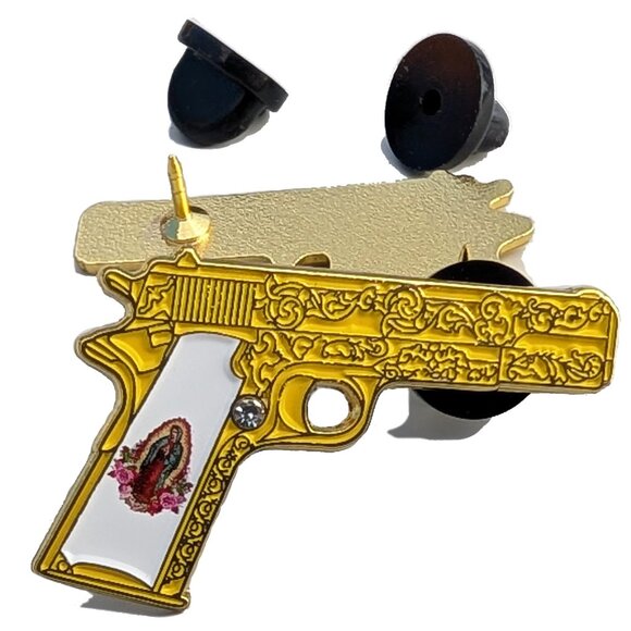 Pin Gun with Virgin Mary For Caps Clothing Enamel Badge Virgen Maria firearm pin - Picture 1 of 5